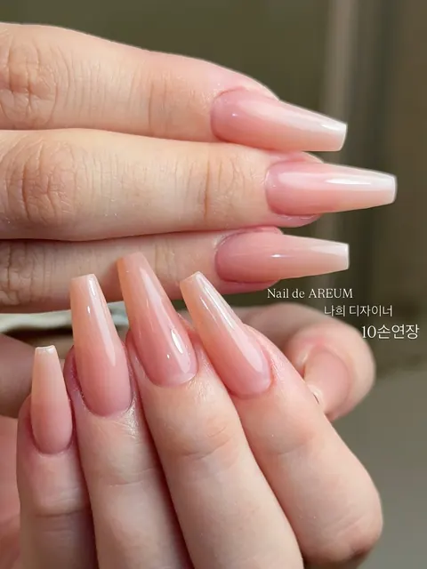 10손 손톱연장, 코핀 쉐입 롱 길이의 누드 핑크 시럽 컬러